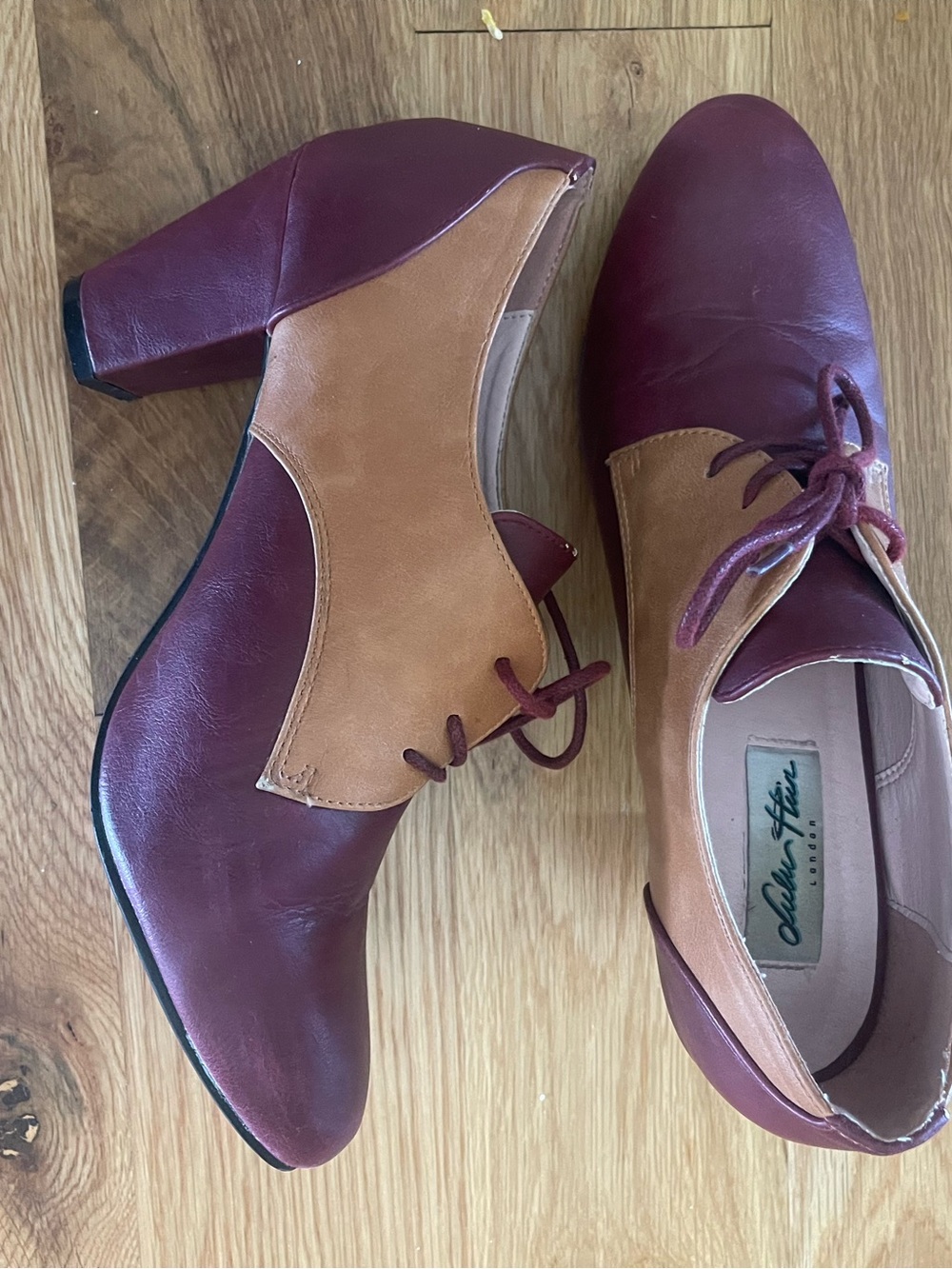 Burgundy and Tan Lace-Up Block Heel Oxfords